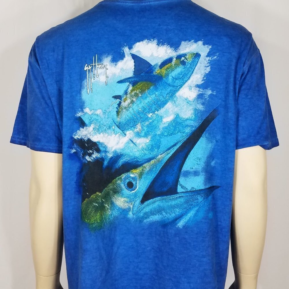 Guy Harvey blue dyed fish fishing cotton short sleeve graphic t-shirt mens Large